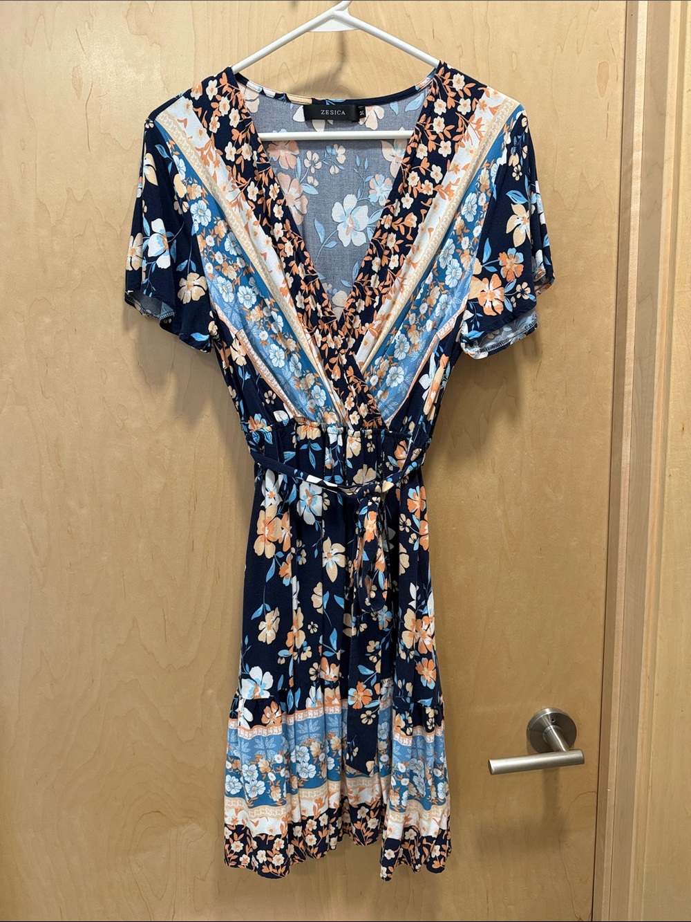 Zesica Navy Floral Wrap Dress with Peach Blooms